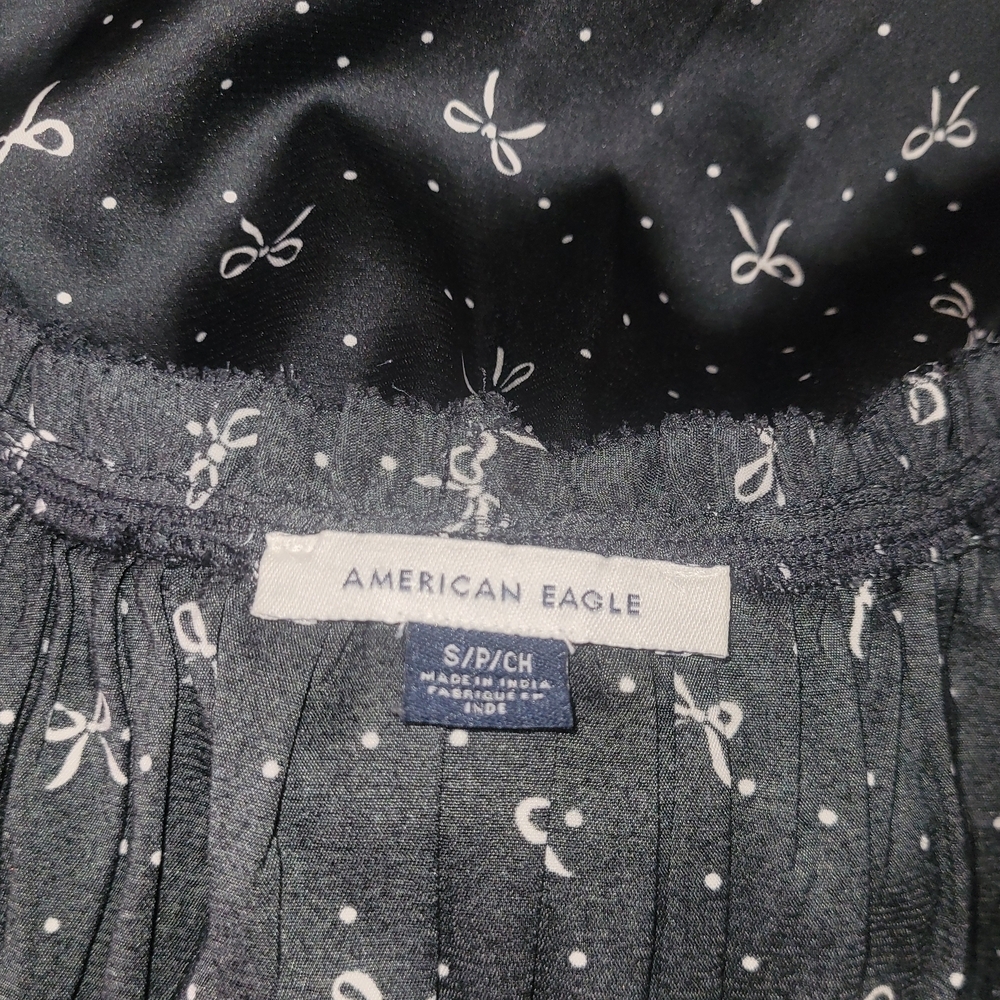 American Eagle Black Double Tie-Front Cropped Babydoll Top With Bow Print S - Picture 7 of 7